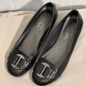 LifeStride Women's Flats 7 M Black Faux Leather Buckle Comfort Loafers‎ Wedge